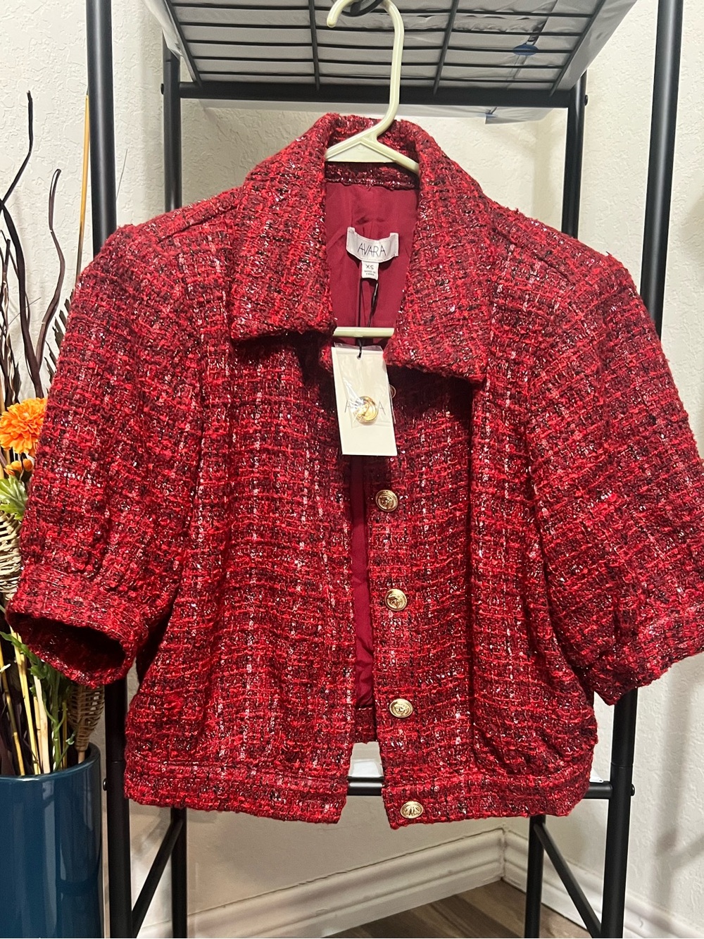 NWT Avara Red Tweed Short Sleeve Jacket - Classic Structured Coat
